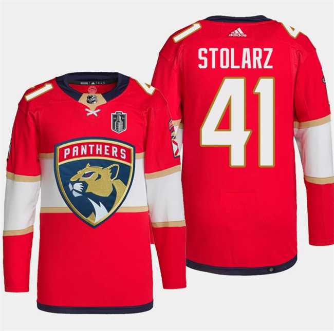 Mens Florida Panthers #41 Anthony Stolarz Red 2024 Stanley Cup Final Patch Stitched Jersey Dzhi->->NHL Jersey